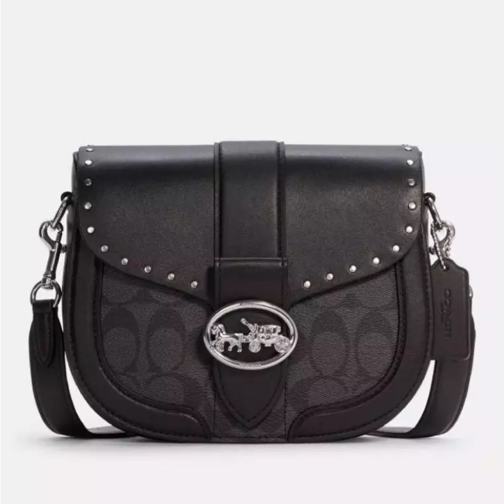 Coach Colorblock Black Leather Signature Rivets Saddle Bag